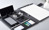 Executive Black Fabric & Leather Meeting Folder with Phone Holder, Card Slots, Pen Insert, Sticky Notes & Anti-Slip Elastic Band Description: Elevate your organizational game with this sophisticated